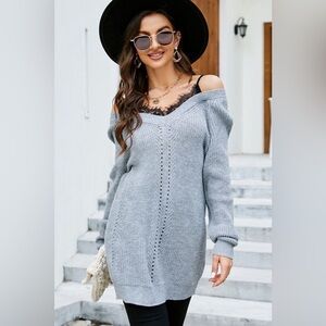 Openwork V-Neck Long Sleeve Sweater